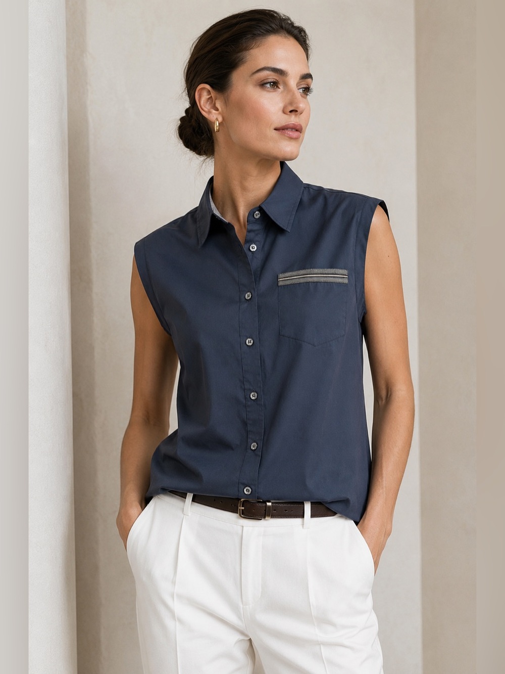 Brunello Cucinelli Sleeveless Cotton Poplin Button-Down Shirt Monili Trim